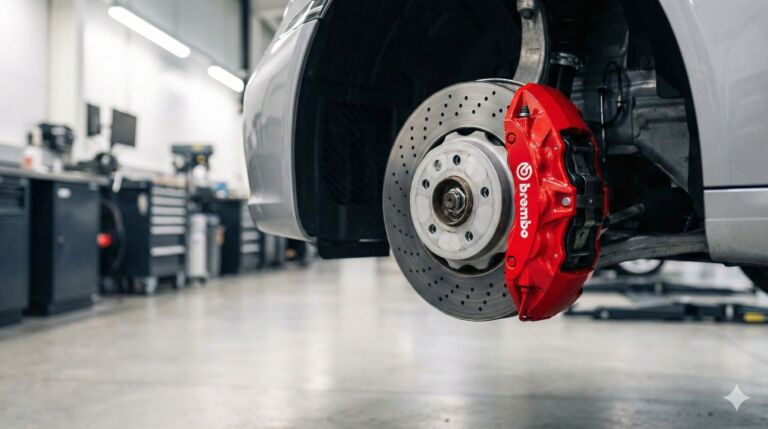 A close up of a brake on a car