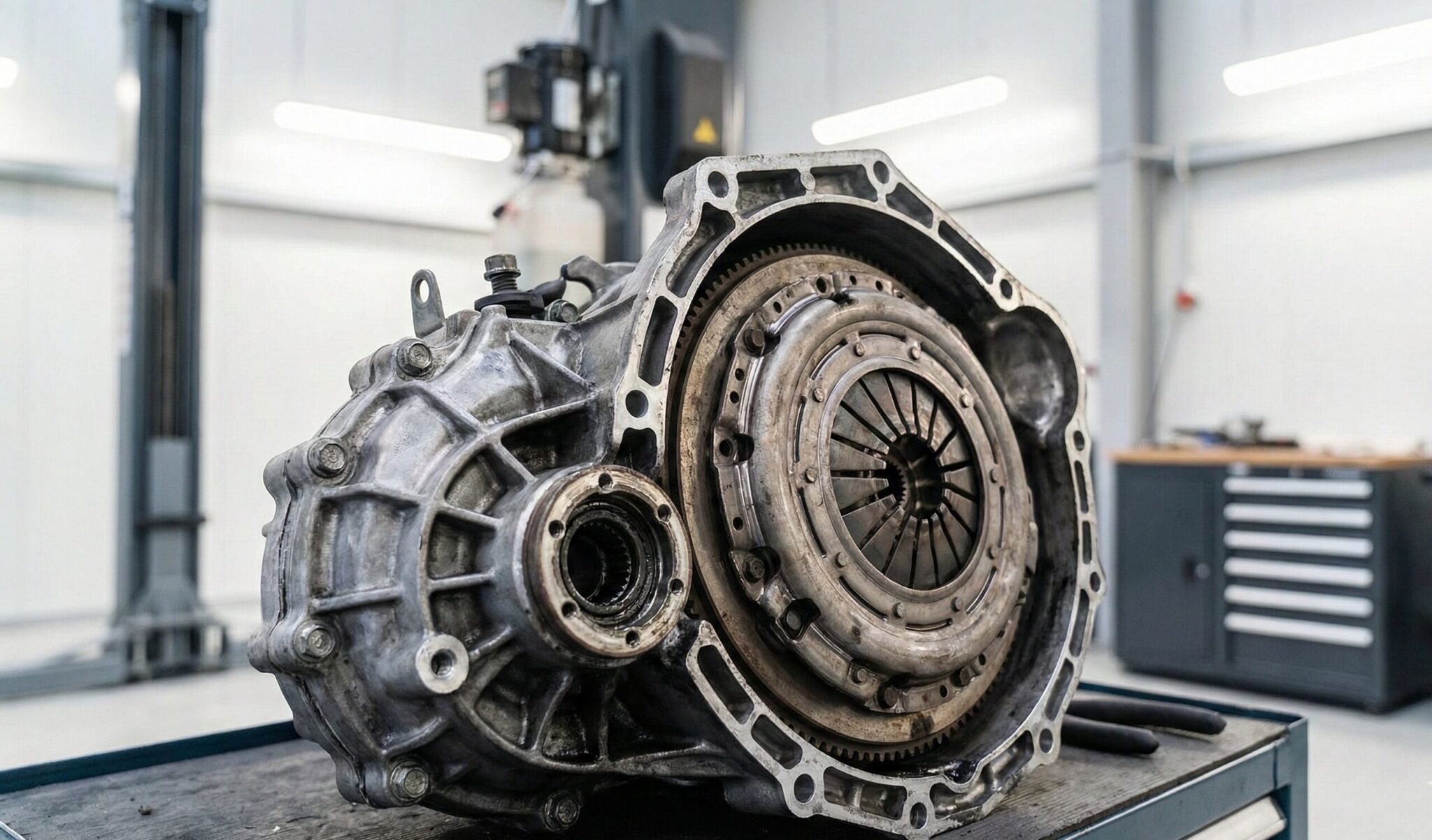 Close-up of a disassembled automotive transmission on a workshop bench, showcasing intricate mechanical components and assembly details.