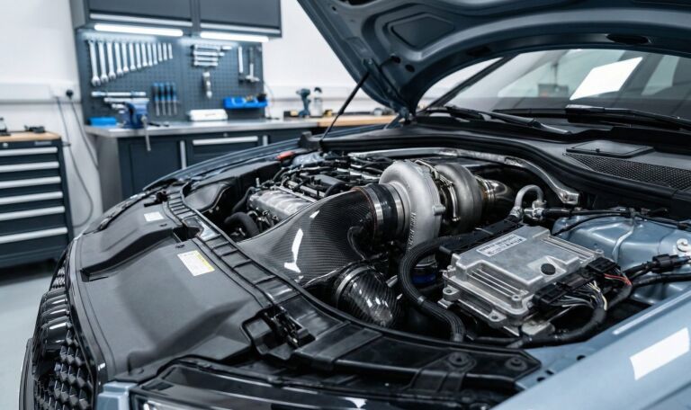 The engine of a car in a garage