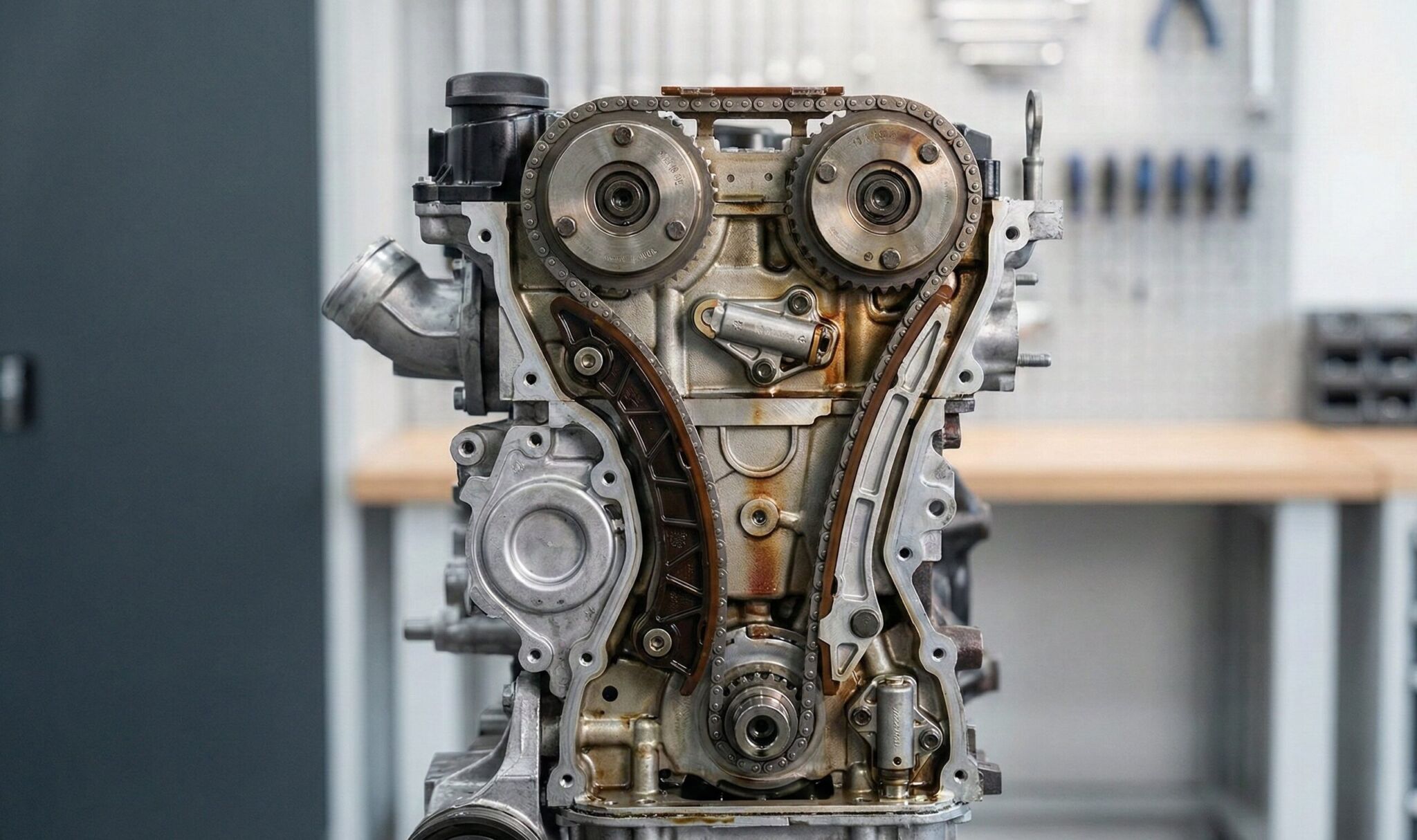 A close up of an engine on a table