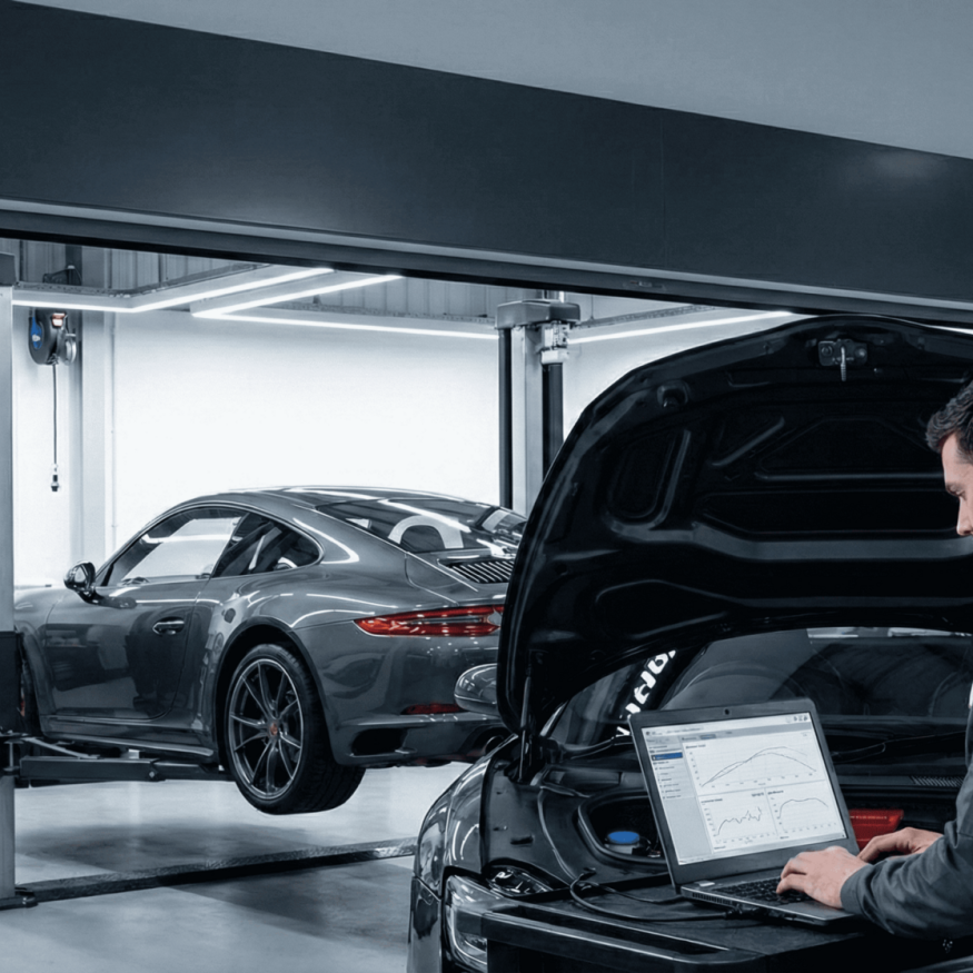 A man working on a laptop in front of a car